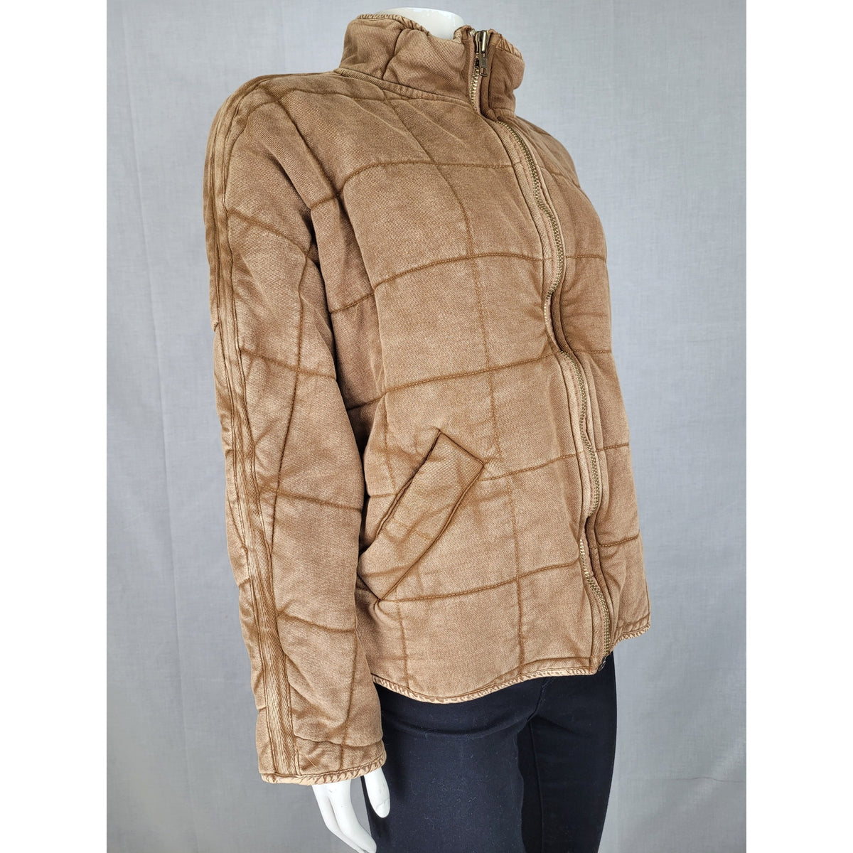 Free People Dolman Quilted Knit Jacket in Toasted Coconut Zip Front Sz XS