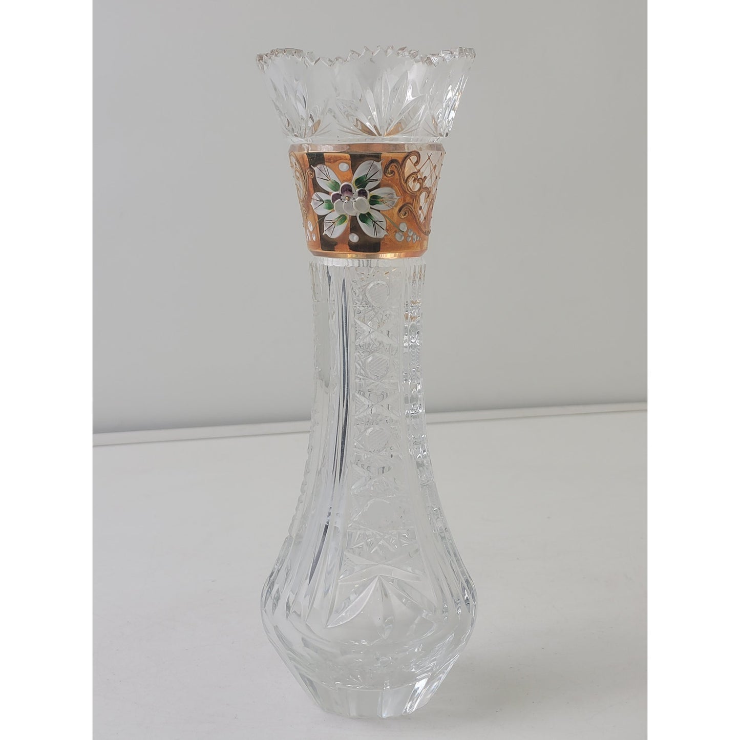 Vintage Poltar Slovakian Lead Crystal Vase Hand Cut Hand Painted 9 1/4"