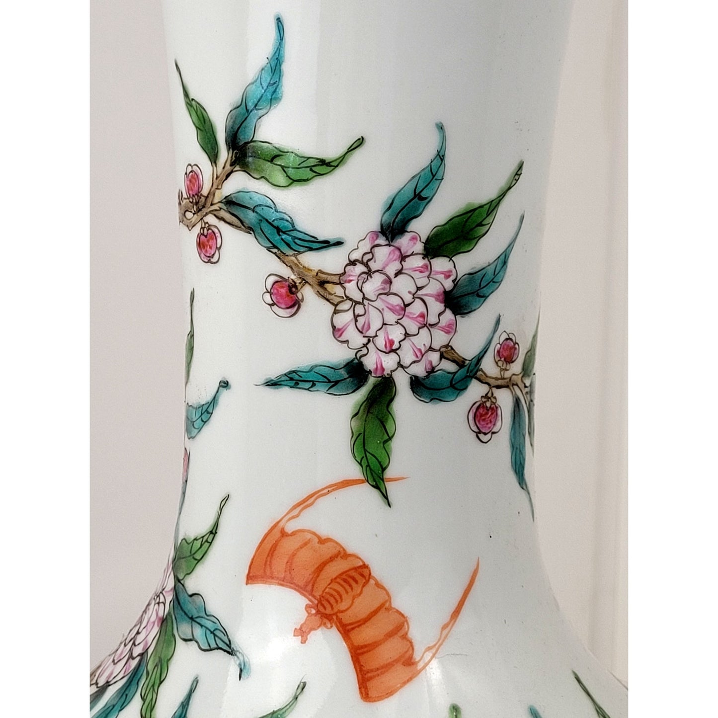 VTG Chinese Porcelain 21" Famille Rose, Peach, & Bat Vase Qianlong Mark