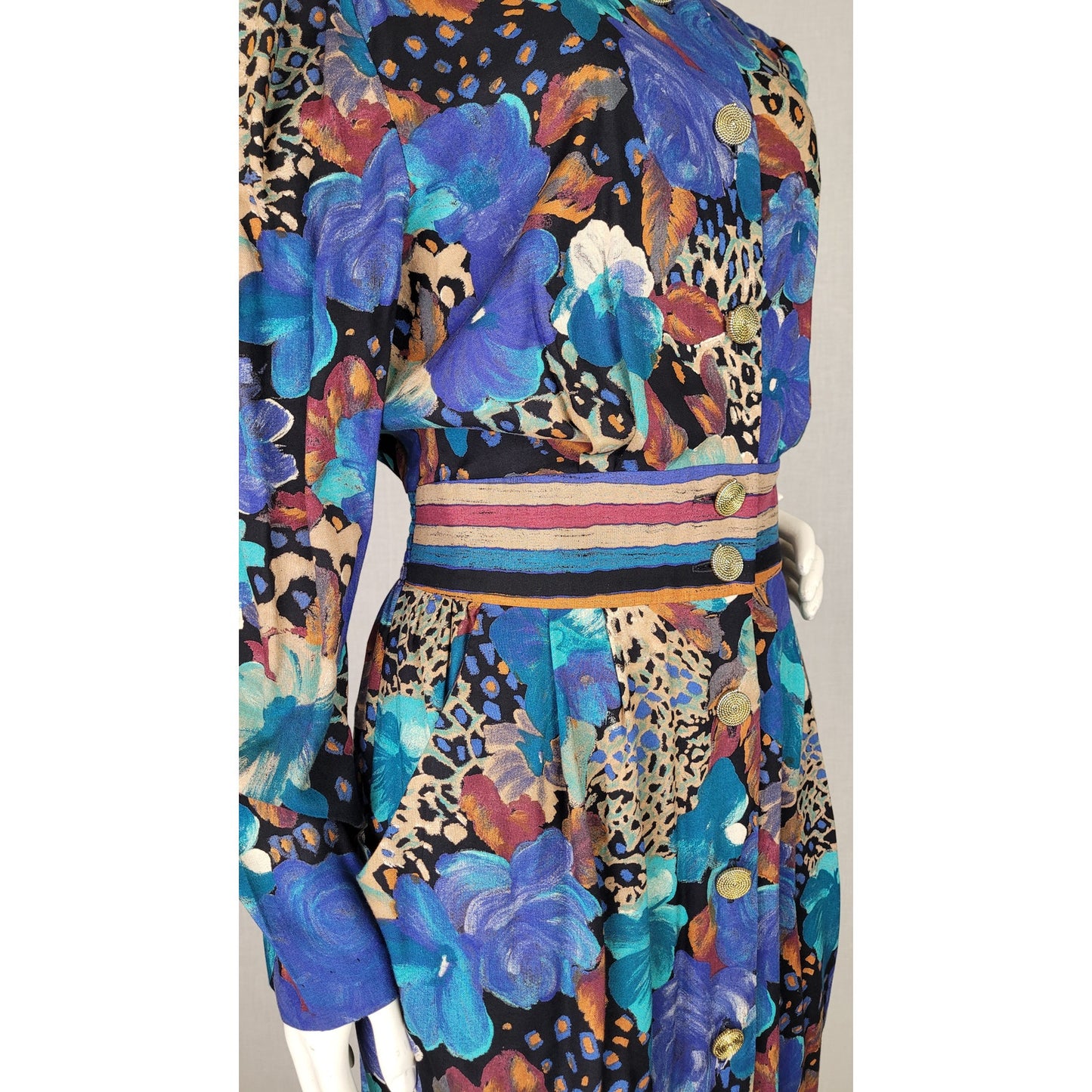 Vintage 1990s Mixed Print Below the Knee Dress w Slight Puff Sleeves Sz S