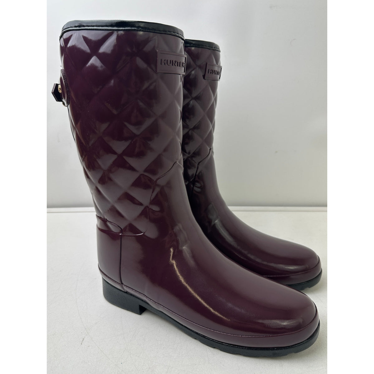 Hunter Refined Gloss Quilted Tall Deep Plum / Aubergine Rain Boots Women's Sz 7