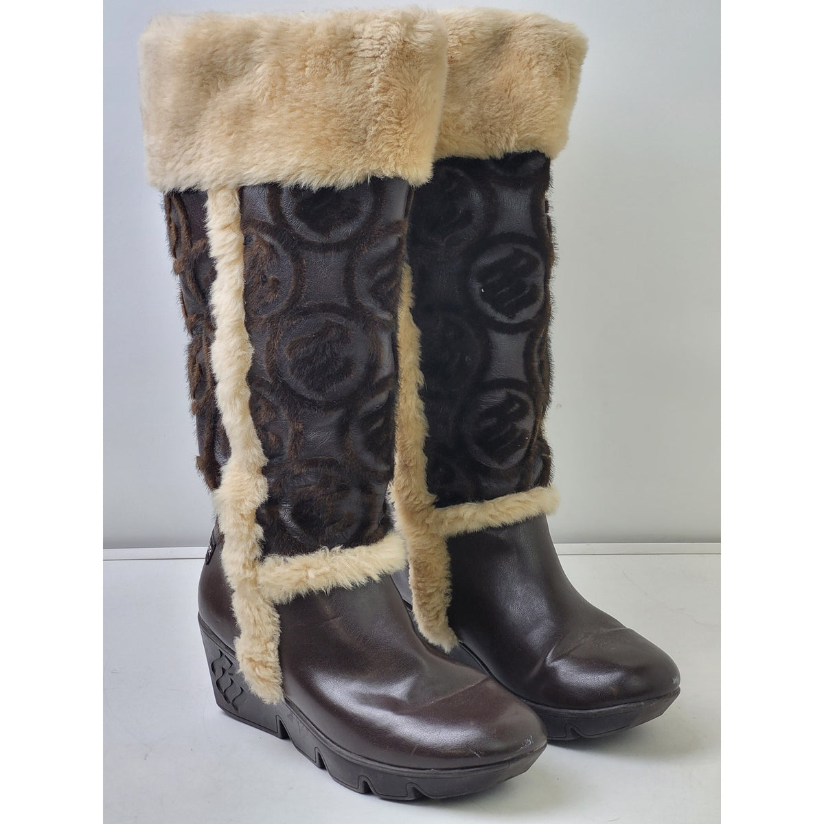 Vintage Y2K Rocawear Faux Fur Knee-High Brown Boots Wedge Heels Sz 8