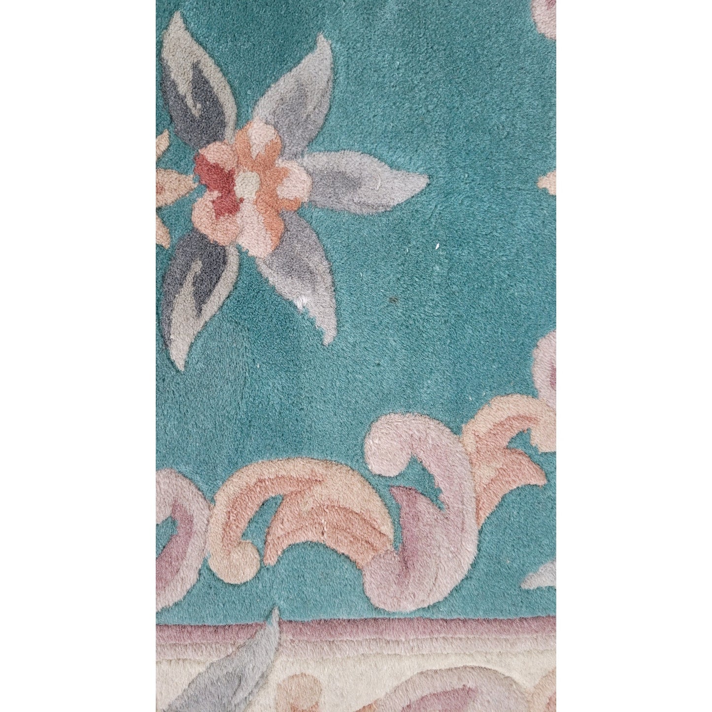 Vintage Aubusson-Style Wool Rug Green w Pink Floral Scrollwork 56" x 27"