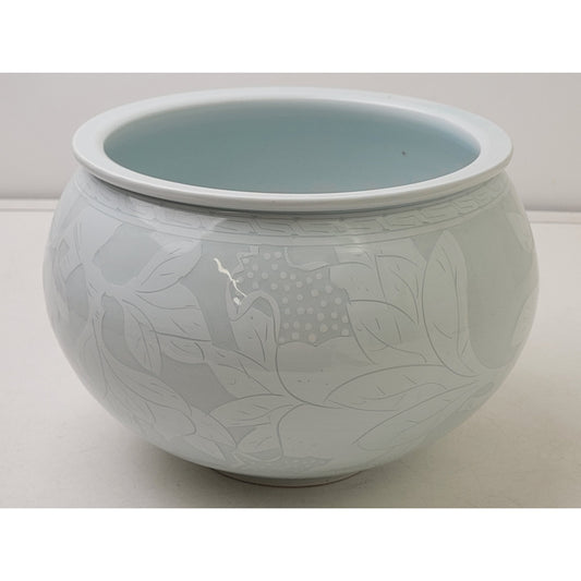 Vintage Asian Decorative Glossy White/Green Planter w Oversized Plant Design
