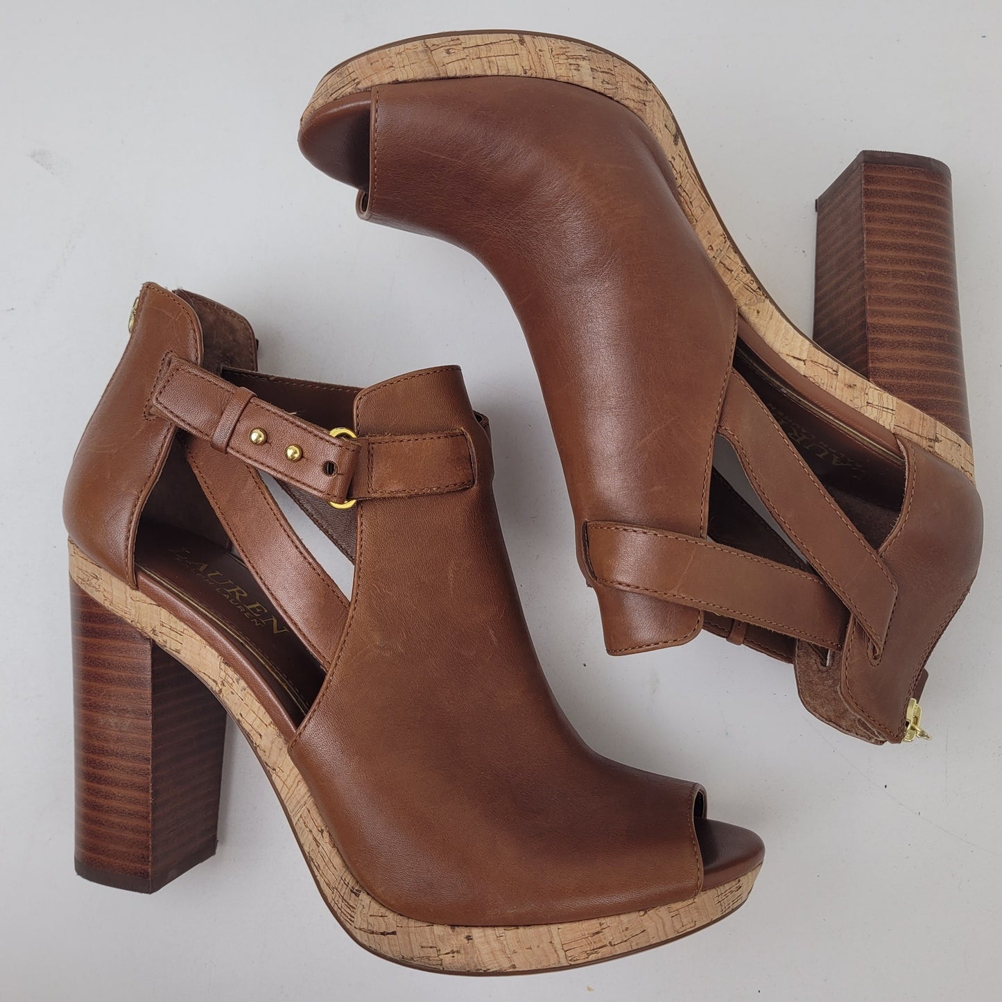 Ralph Lauren Fiana Polo Tan Cognac Leather Open Toe Booties Sz 9
