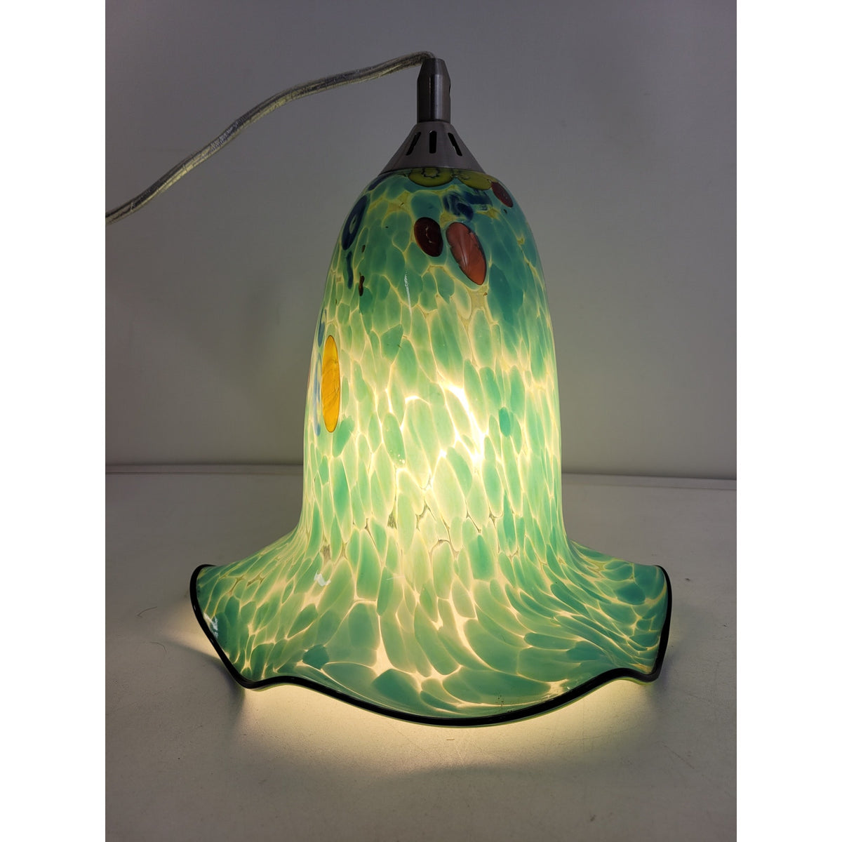 Art Glass Handblown Turquoise Blue Confetti Style Ruffled Edge Pendant Light