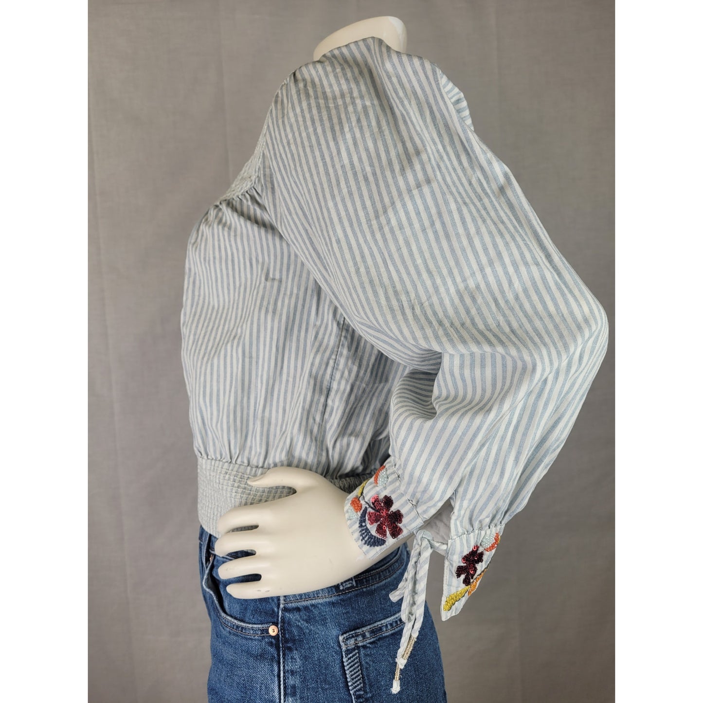 Anthropologie Beaded Bracelet Sleeved Peasant Blouse Blue & White Striped Sz S
