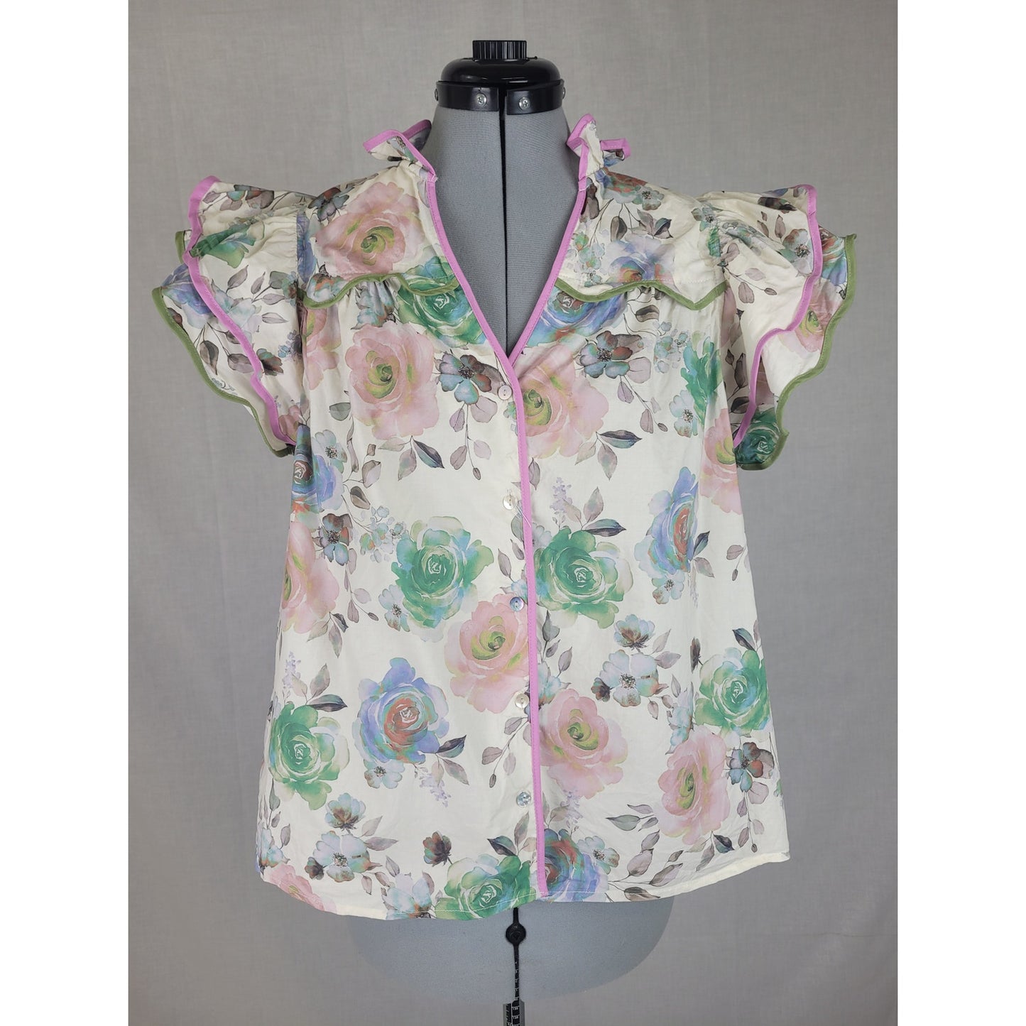 Anthropologie Entro Double Shoulder Ruffle Pastel Floral Print Shirt Sz M