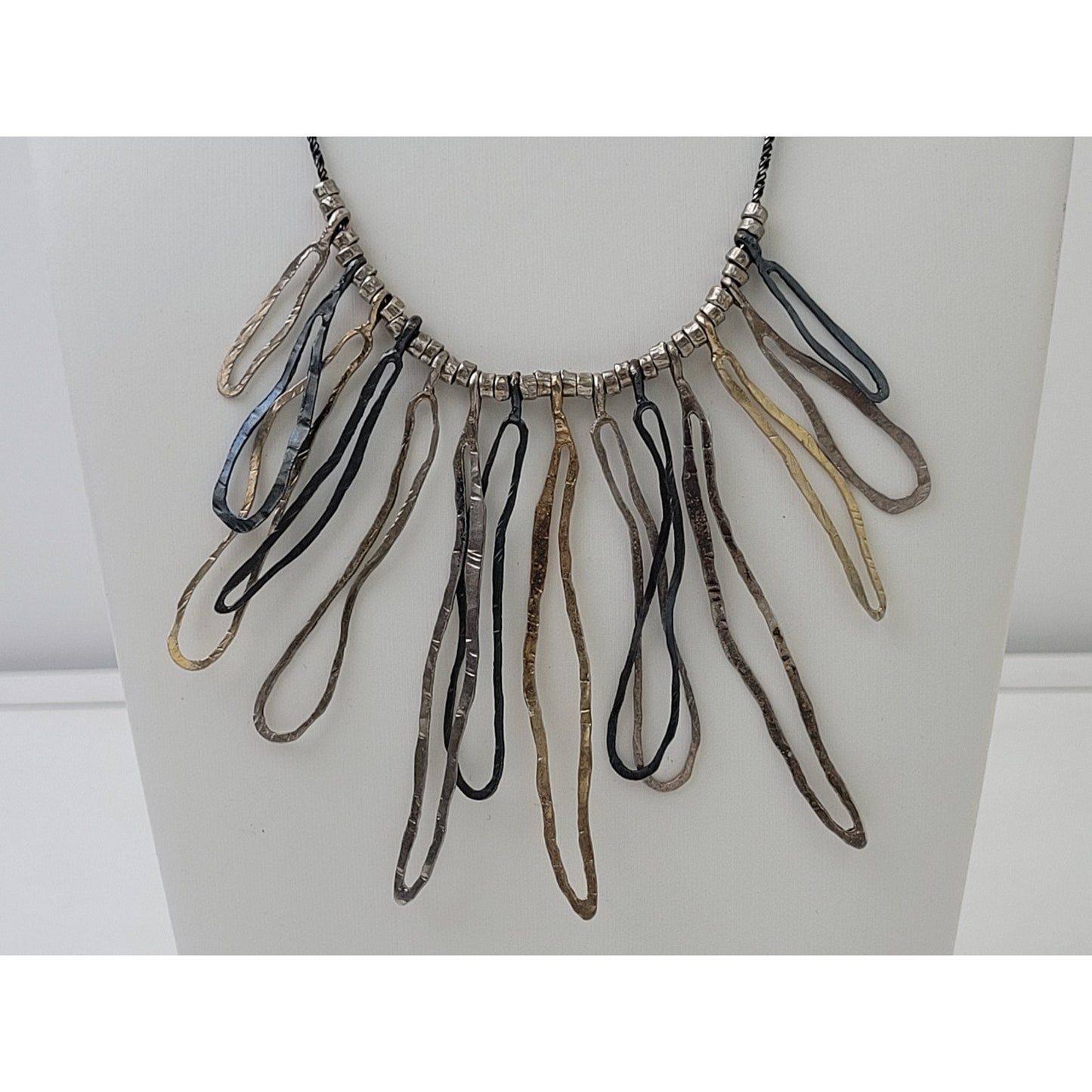 Sterling 925 Tri Color Hammered Dangle Statement Necklace Made in Israel