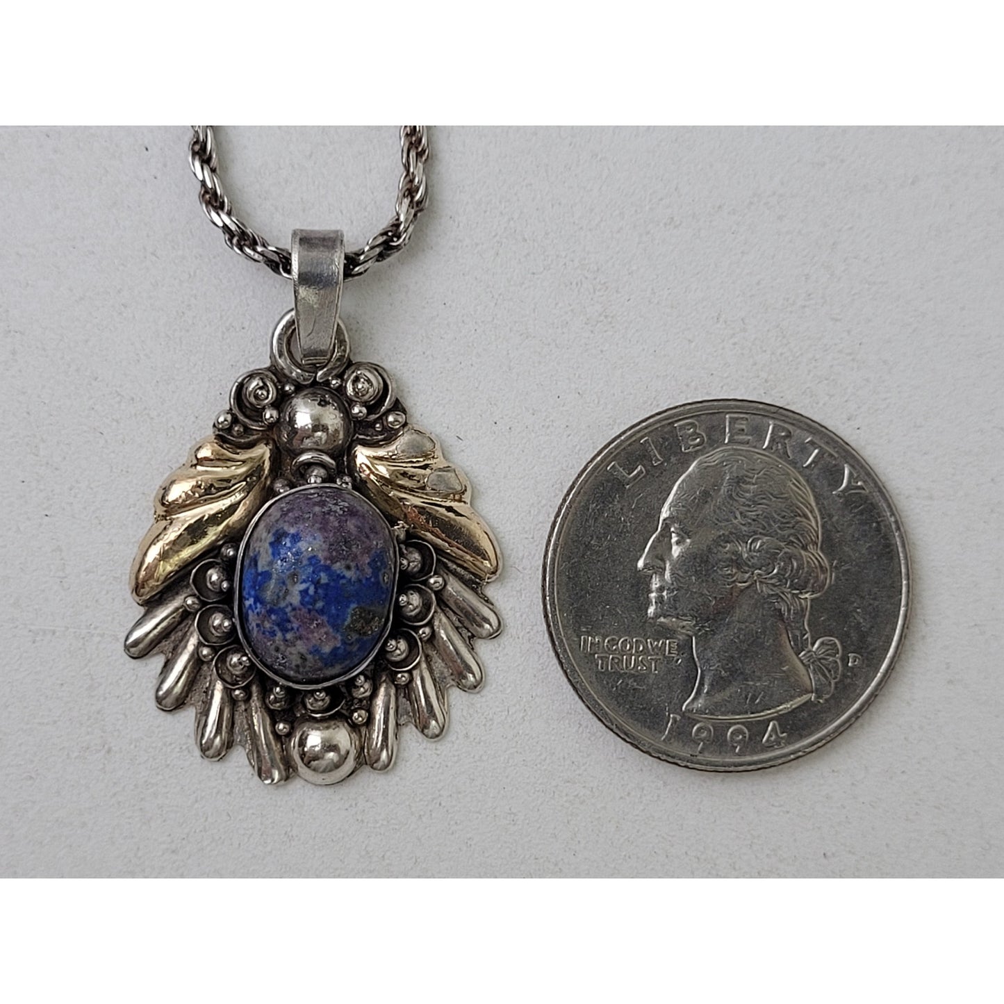 Vintage Sterling Silver Lapis Lazuli Stone Pendant w Matching 925 20" Rope Chain