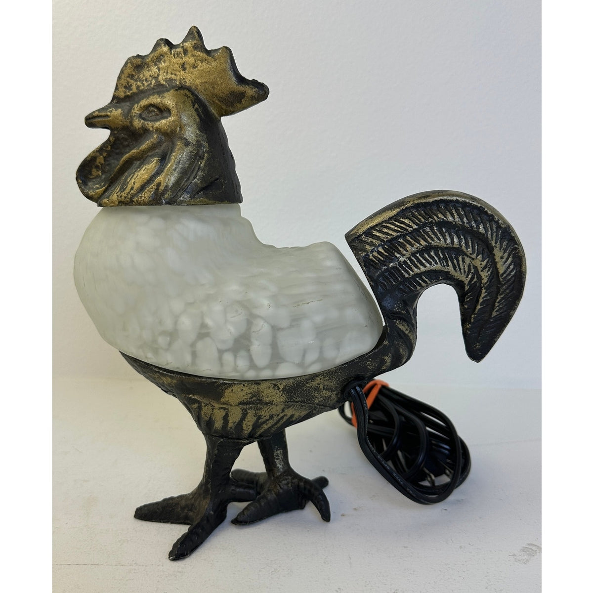 Vintage Metal and Frosted Slag Glass Rooster Accent Lamp