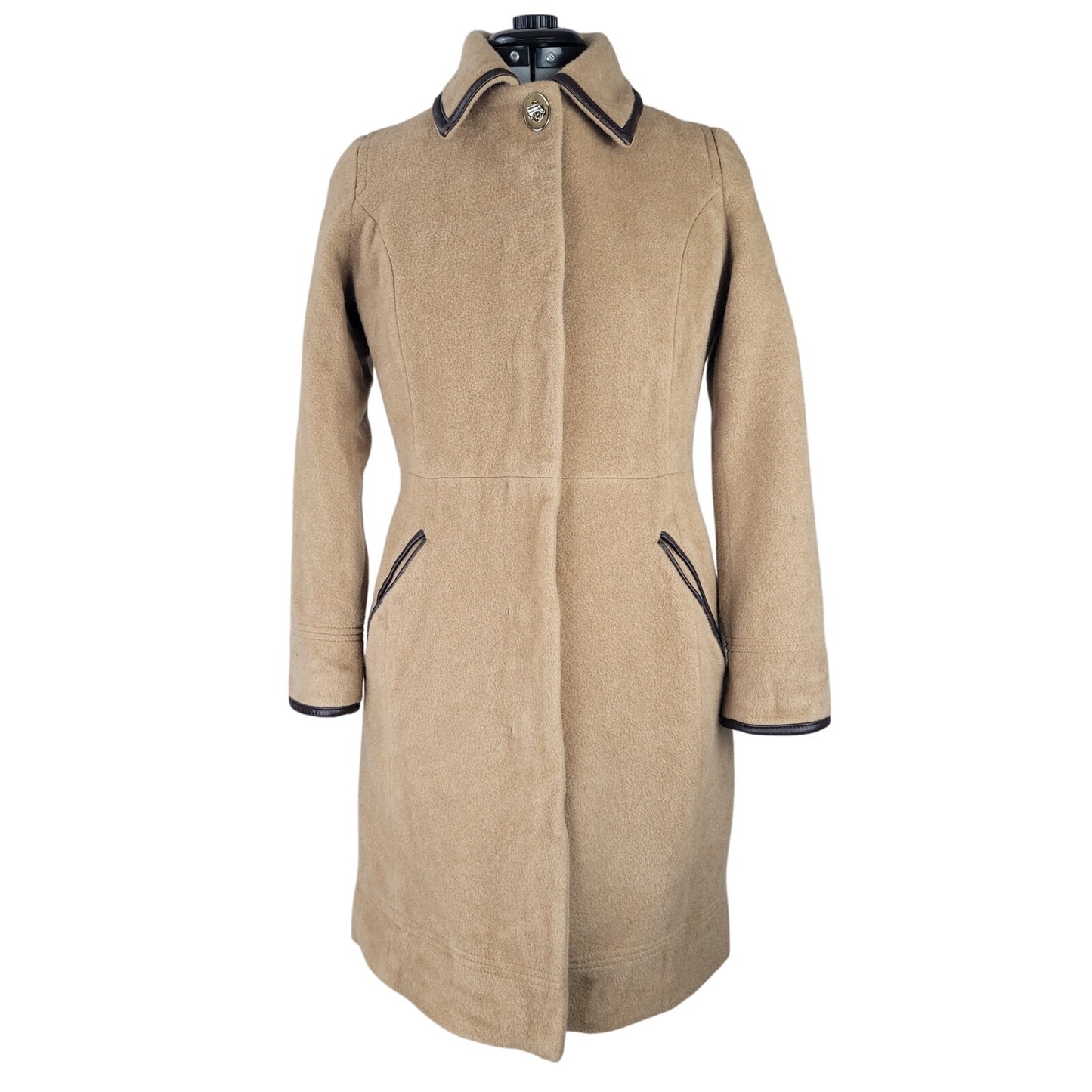 Coach Tan Mohair/Wool Brown Leather Trim Overcoat Sz XS