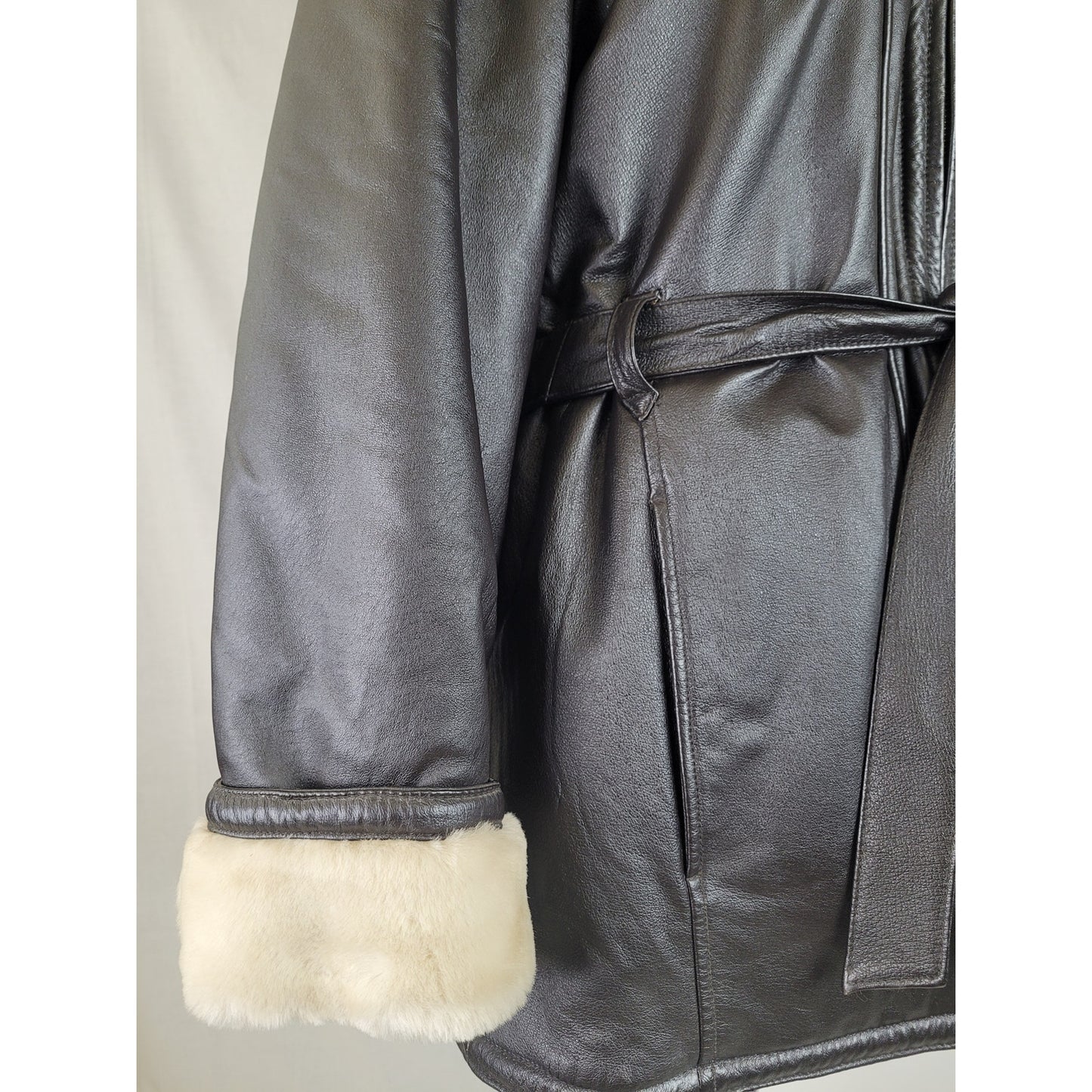 Wilsons Leather Coat Genevieve Belted Jacket Faux Fur Hooded Women's Sz 1X