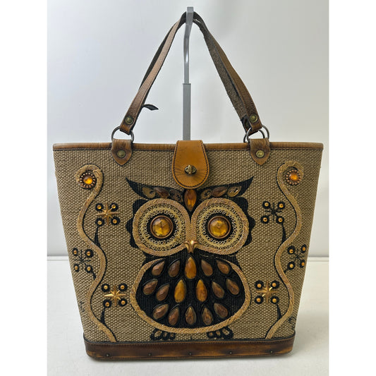 Vintage 1960s Enid Collins Night Owl Bejeweled Canvas Tote Bag