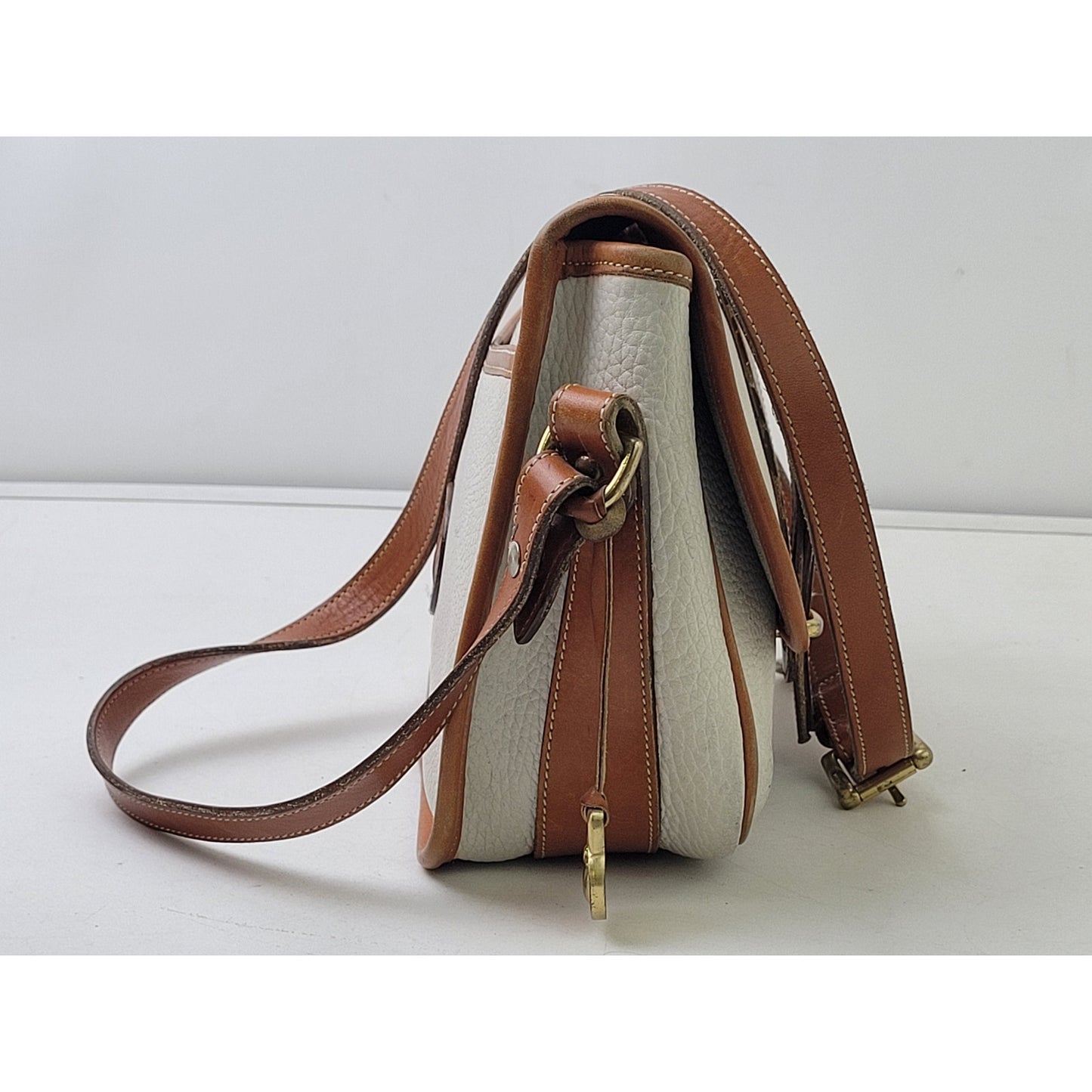 Vintage Dooney & Bourke Equestrian Crossbody Bag Pebbled White Brown Leather