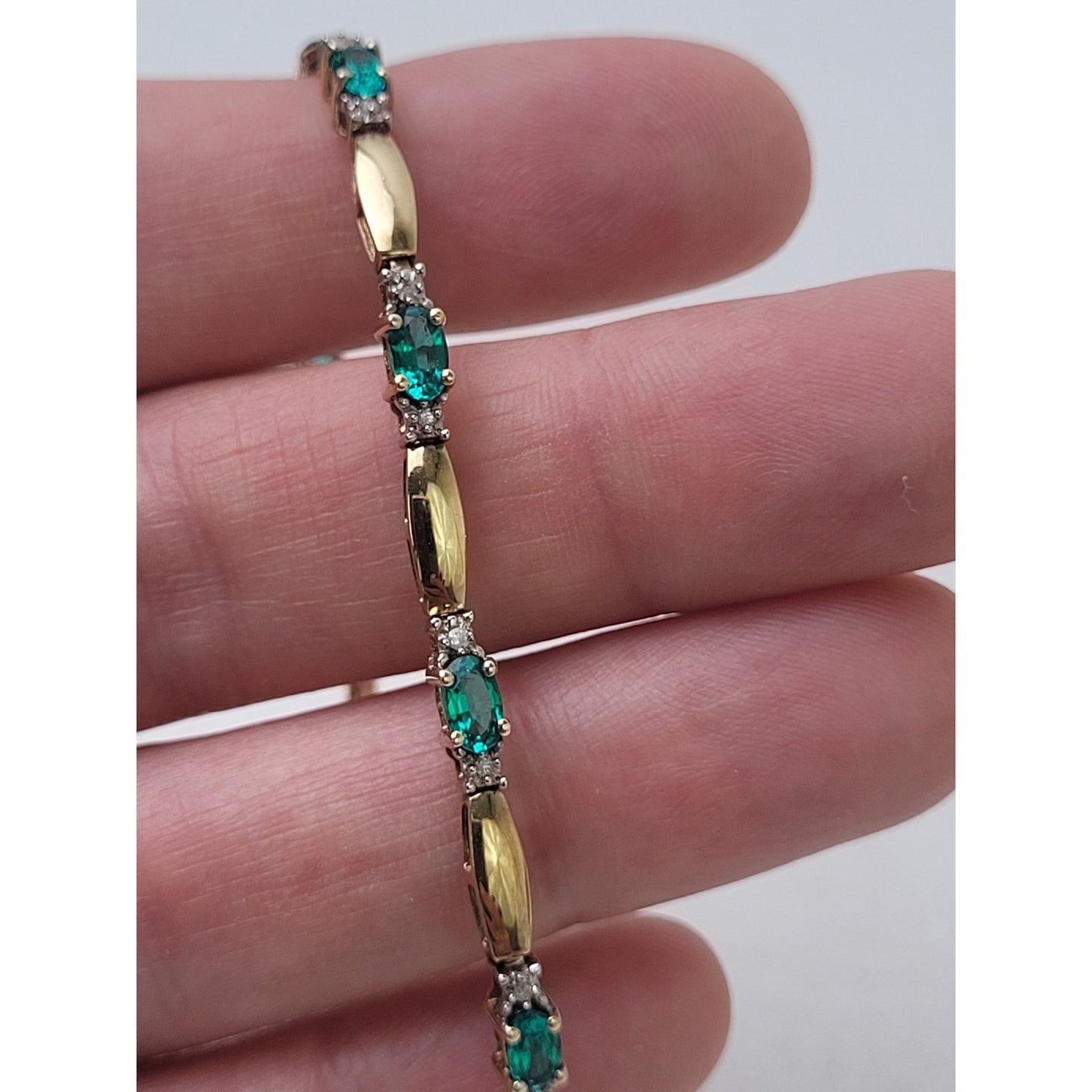 10K Yellow Gold 7" Tennis Bracelet Lab-Created Emeralds & Authentic Diamonds