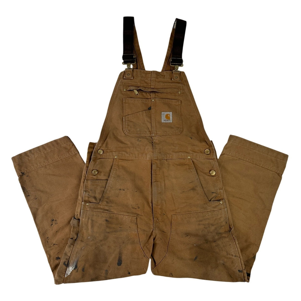 VTG Carhartt Distressed Brown Duck Canvas Double-Knee Overalls Men's Sz 38 x 28