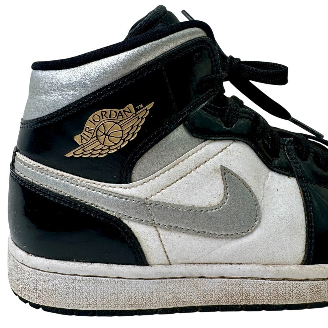 Nike Air Jordan 1 Mid SE Patent Black White Metallic Silver Men's Sz 8.5
