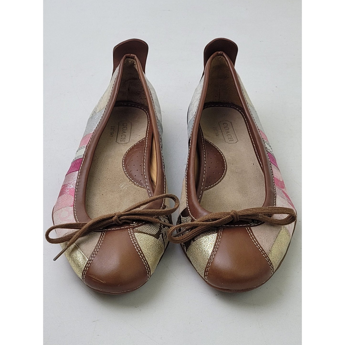 Coach Jenilee Brown Blue Pink Patchwork Ballet Flats Leather Insole Sz 8.5