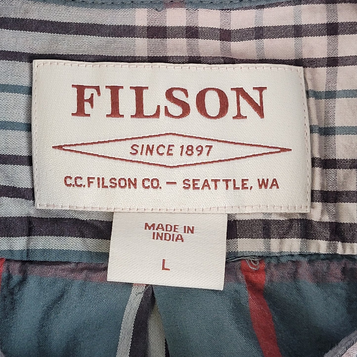 Filson Washed Feather Cloth Shirt | Sage Green & Red Plaid | Men's Sz L
