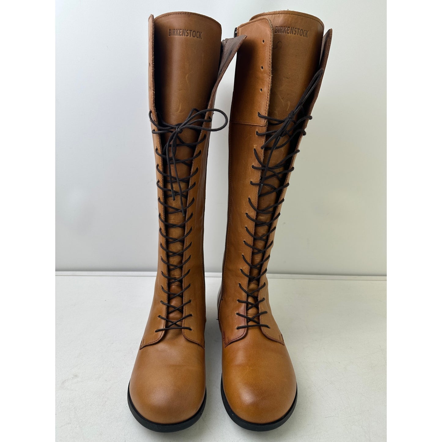 Birkenstock Longford Knee-High Cognac Leather Lace-Up Riding Boots Women's Sz 39