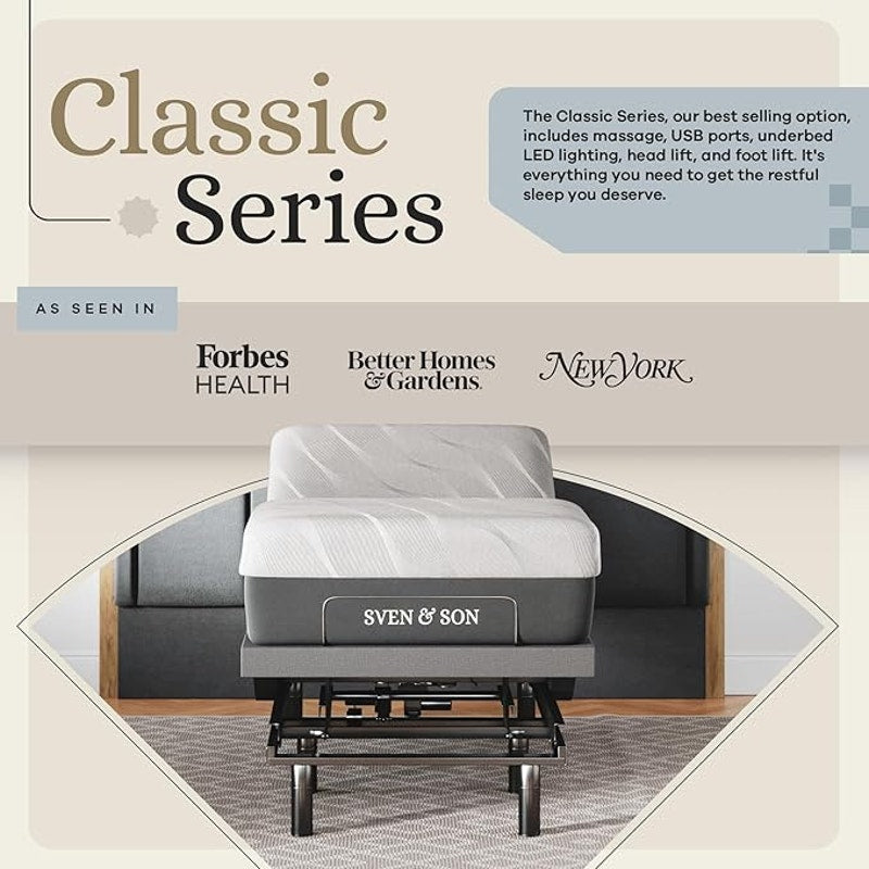 Sven & Son Classic Adjustable Bed Base, Head & Foot Lift, Smart Frame & Mattress