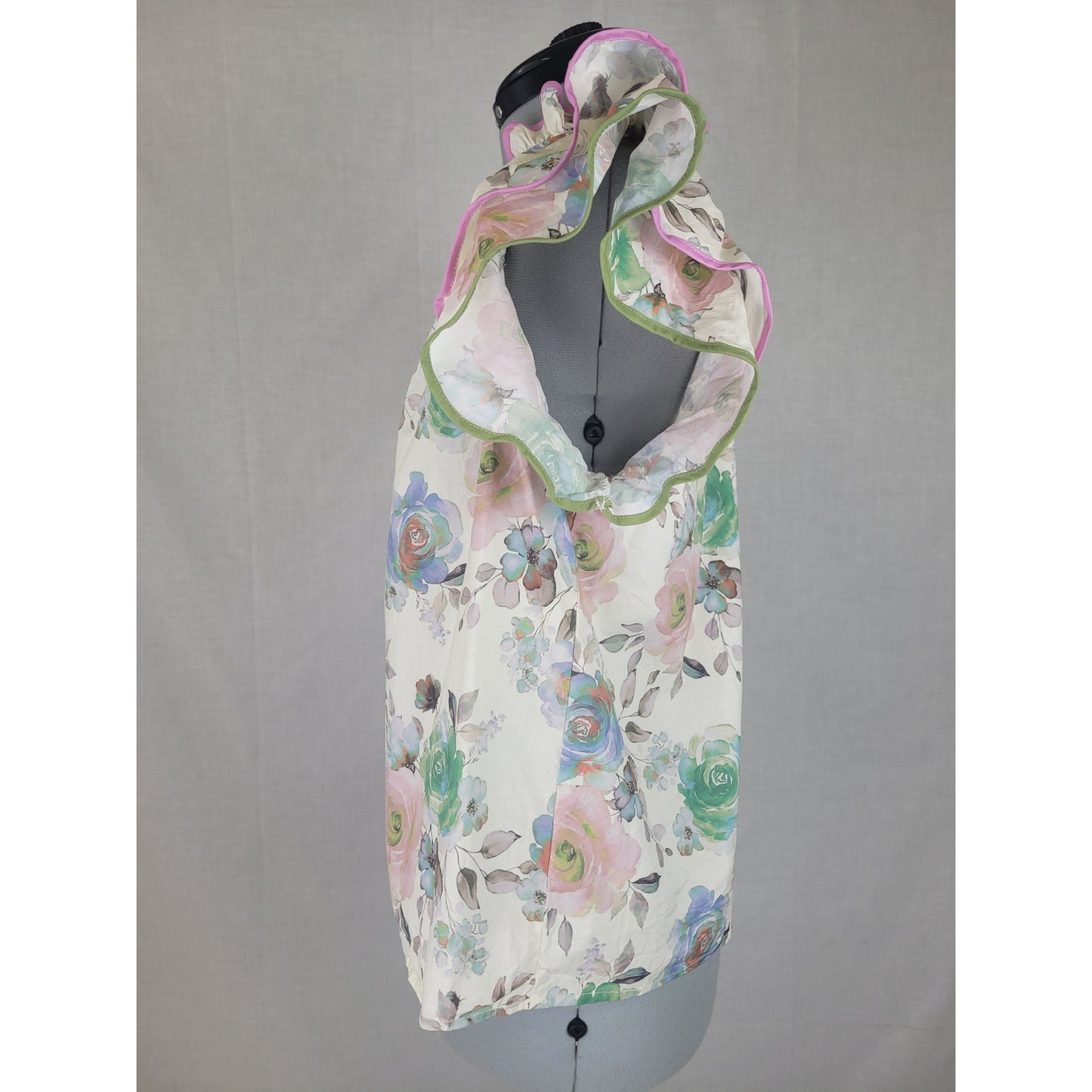 Anthropologie Entro Double Shoulder Ruffle Pastel Floral Print Shirt Sz M