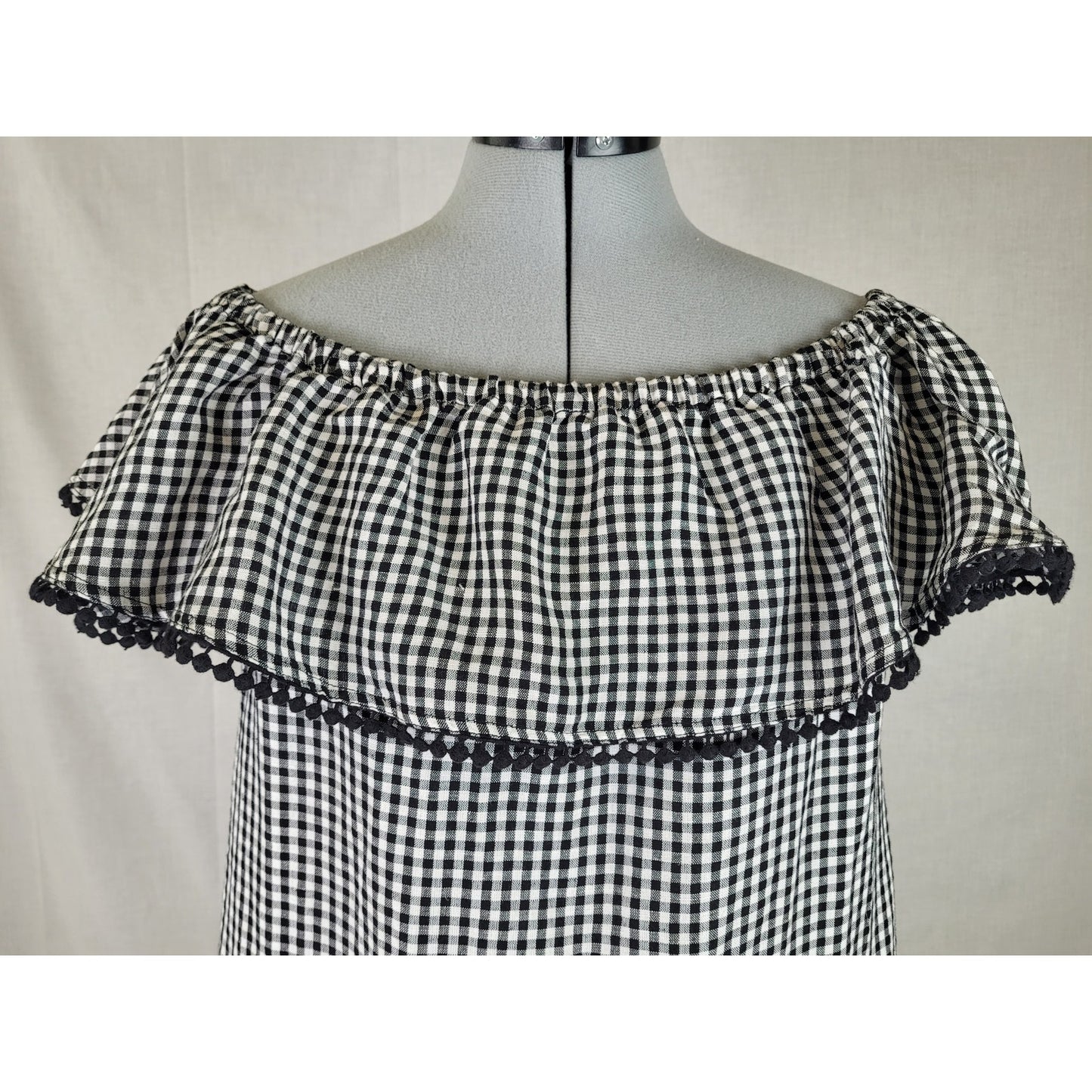 Tommy Bahama Gingham Of-The-Shoulder Ruffle Dress Black & White Linen Blend Sz S