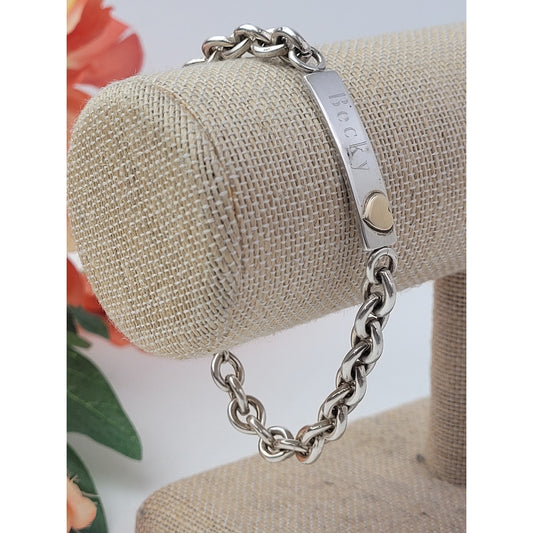 925 Sterling Silver Becky ID Cuban Link Chain Bracelet w 14K Gold Heart