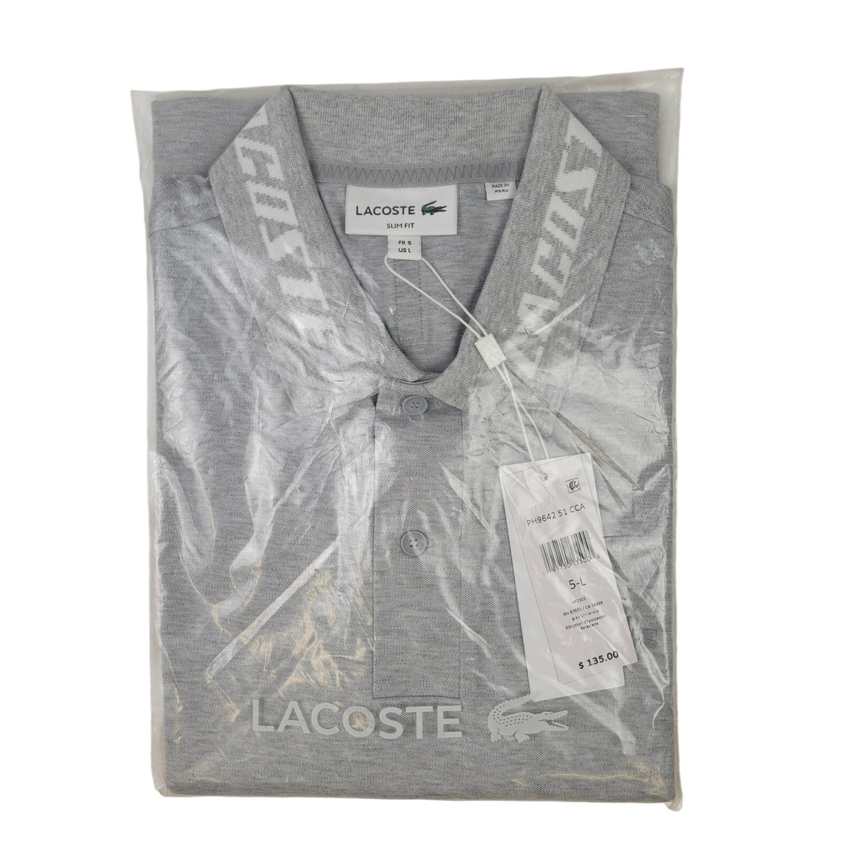 LACOSTE Men's Grey Slim Fit Polo Jacquard Collar Sz 5-L | Style # PH9642 CCA