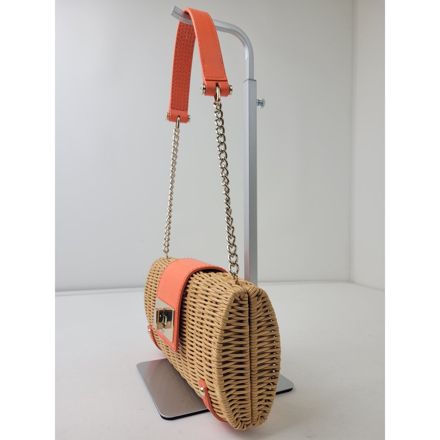 Kate Spade New York Wicker Clutch Bag Woven Rattan Orange Leather