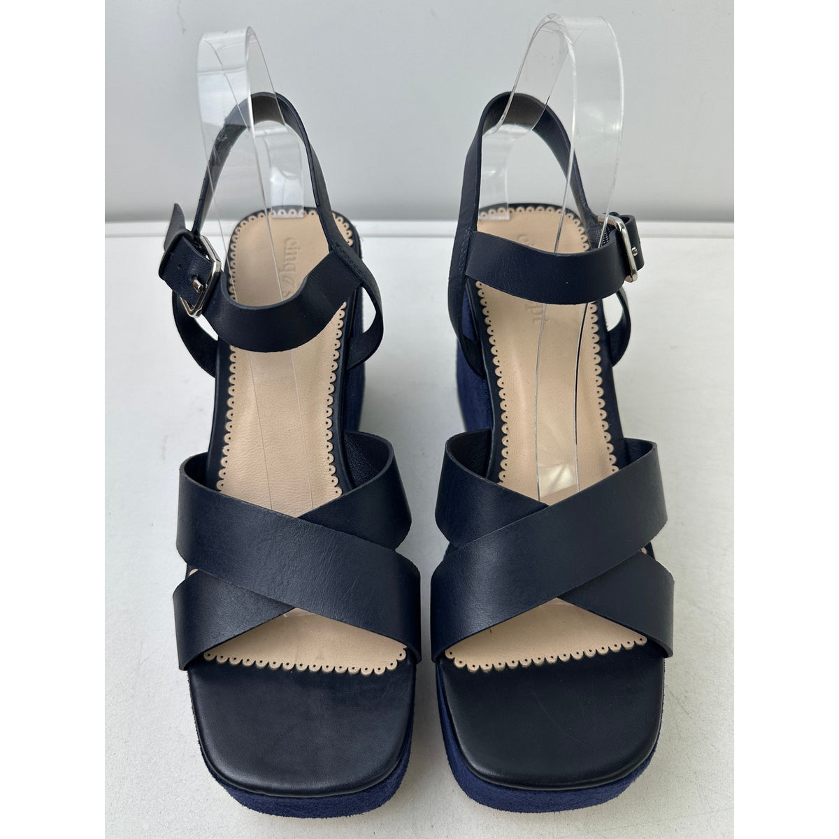 Cinq à Sept Navy Leather Sasha Vachetta Suede Platform Wedge Sandals Women's Sz 9