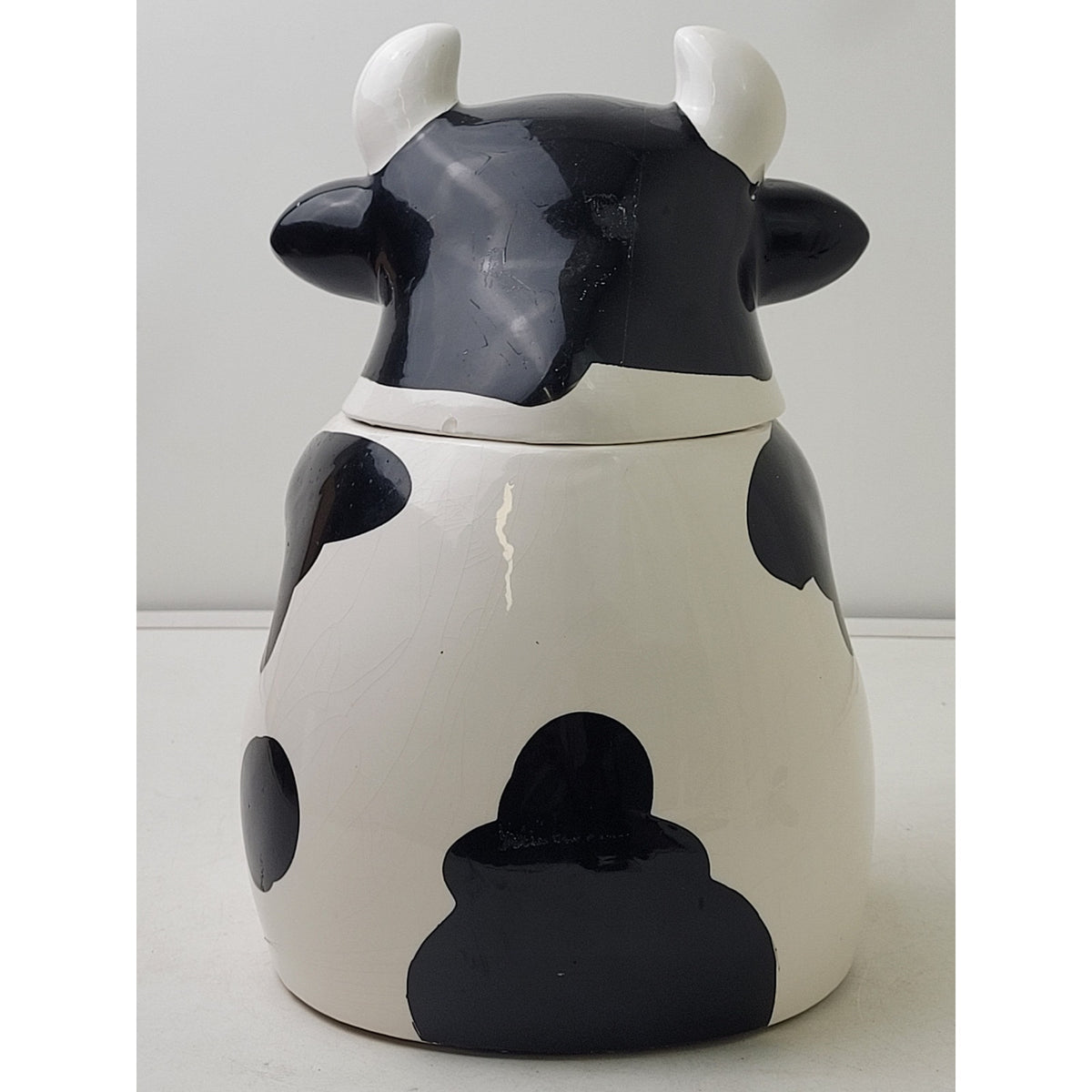 Vintage Ceramic Black & White Sitting Farm Cow Cookie Jar