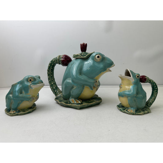Vintage Henrikson Imports Majolica Frog Teapot, Creamer, & Sugar Bowl 3 Pc Set