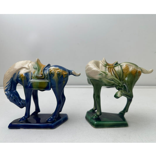 Vintage Chinese Tang Dynasty Style Sancai Glazed Ceramic War Horse Figurines