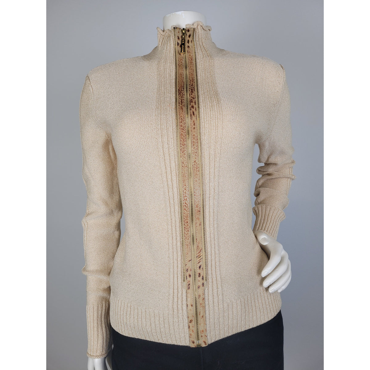 St. John Sport Full-Zip Cardigan Sweater Animal Print Trim Gold Hardware Sz S