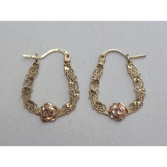 VTG 10K Yellow & Rose Gold Designer Michael Anthony Rose Filigree Hoop Earrings
