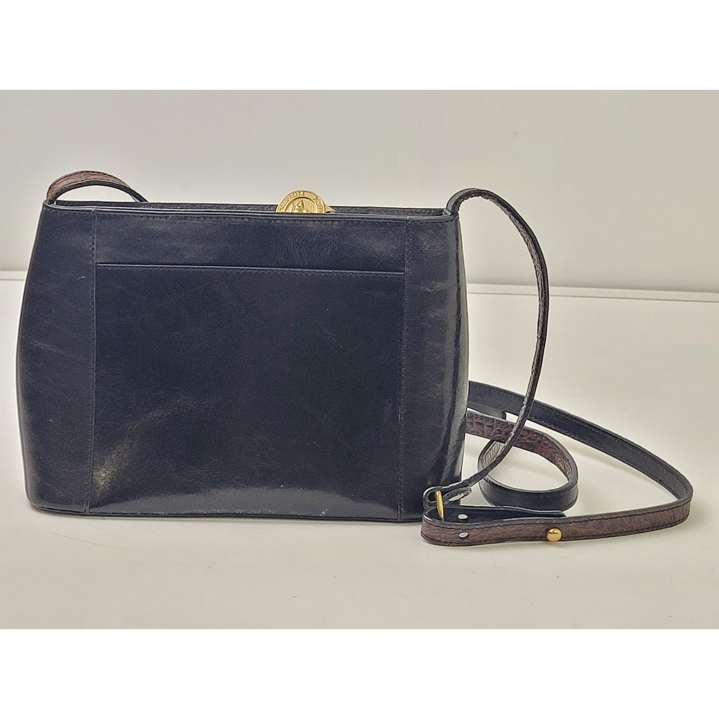 Vintage Brahmin Crossbody Bag in Two-Tone Black & Brown Croc Embossed Leather