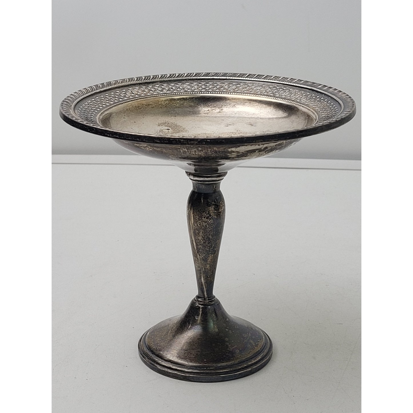 Vintage Sterling Silver Weighted Compote Pedestal Dish ft Pierced Lattice Border