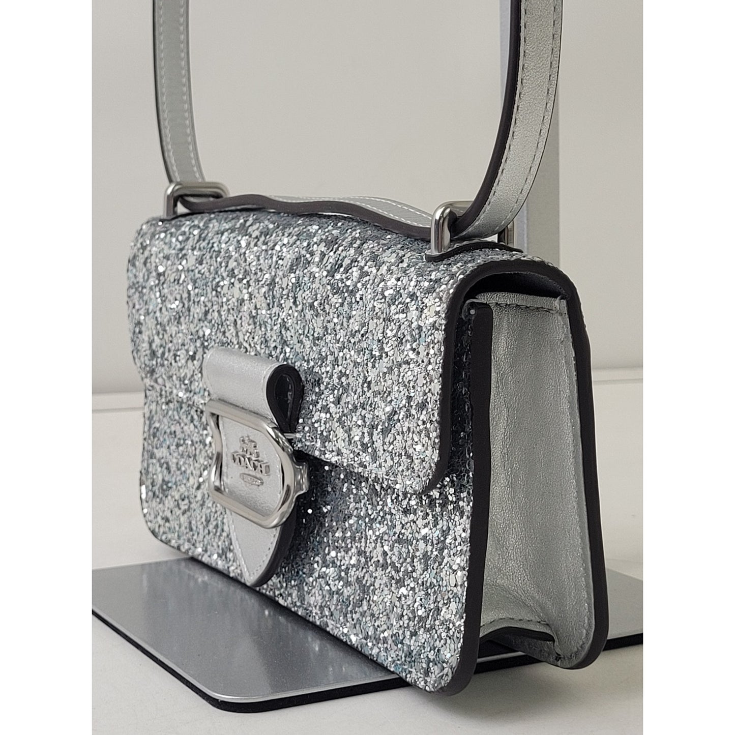 Coach Morgan Crossbody Clutch Bag Silver Glitter & Leather EUC
