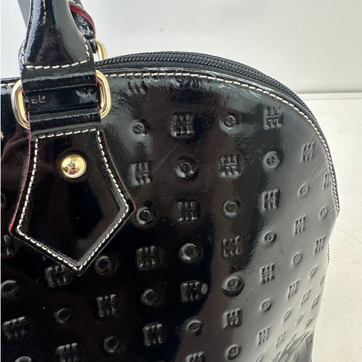 Arcadia Italy Black Patent Leather Leather Embossed Logo Dome Satchel Bag