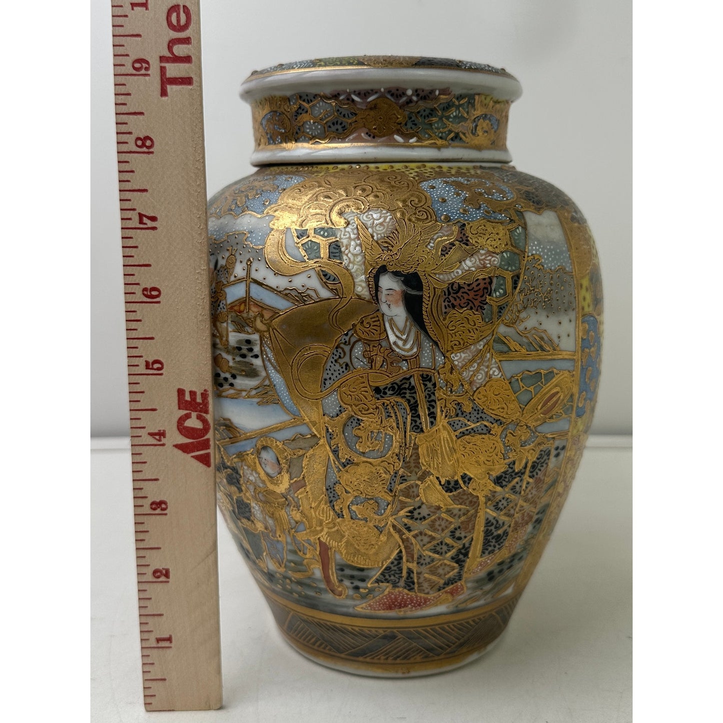 Vintage Japanese Satsuma Moriage Koro Incense Burner W/ Pierced Lid
