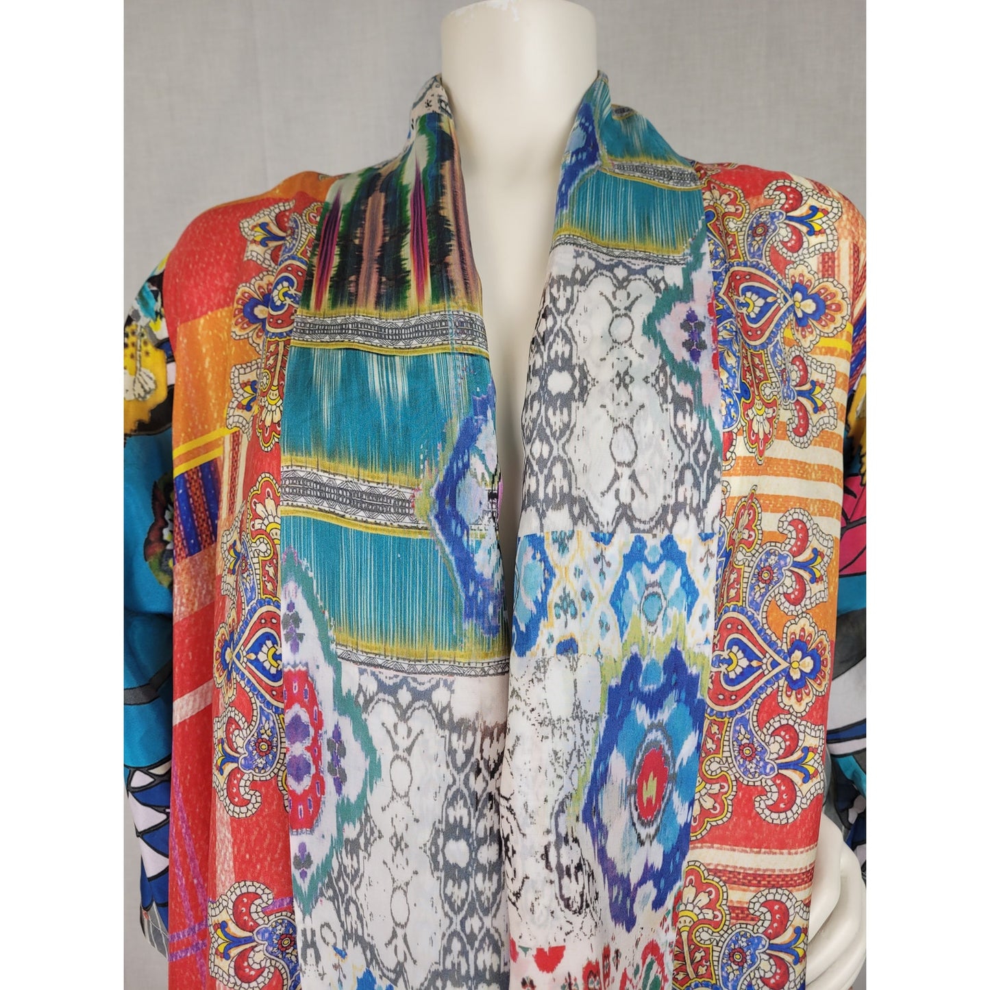 Johnny Was Multicolor Patchwork Silk Kimono Jacket Bohemian Style Sz S
