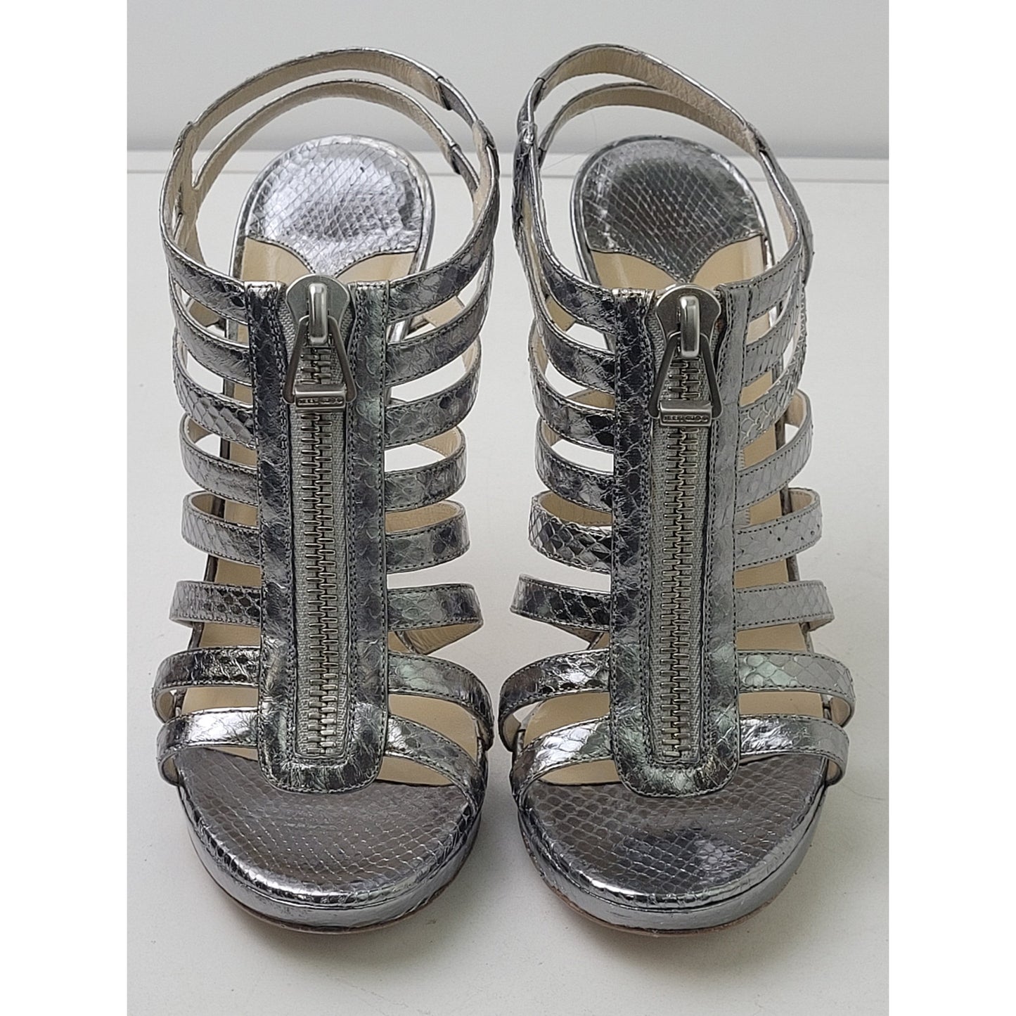 Jimmy Choo Glenys Gladiator Sandals High Heels Silver Snakeskin Print Sz 38 1/2