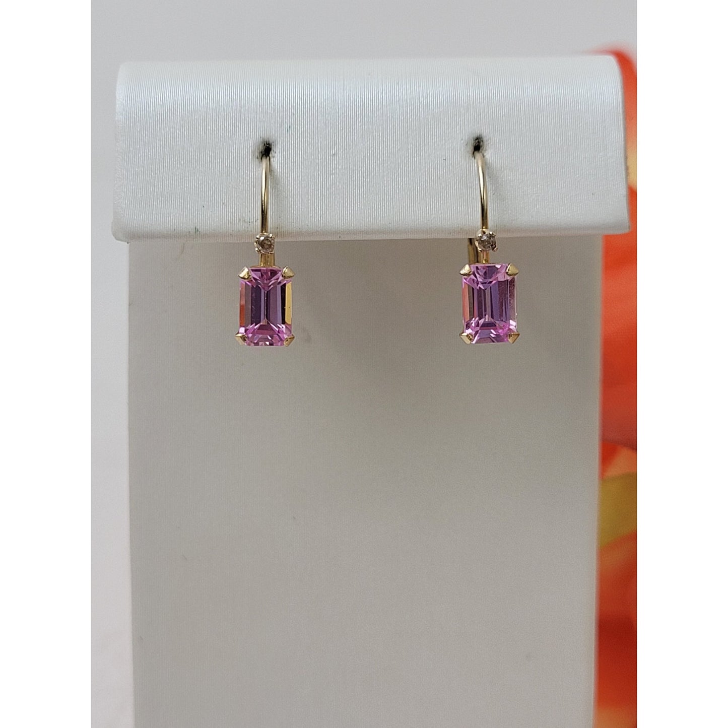 14K Solid Yellow Gold Dangle Earrings Pink Tourmaline & Diamond Stones