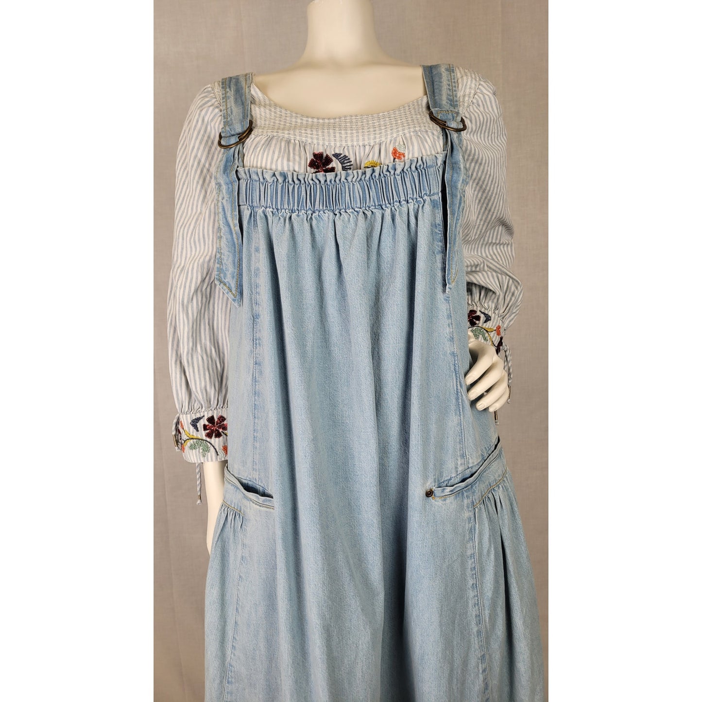 Free People Blue Denim Machu Barrel Midi Dress Jumper Women's Sz M