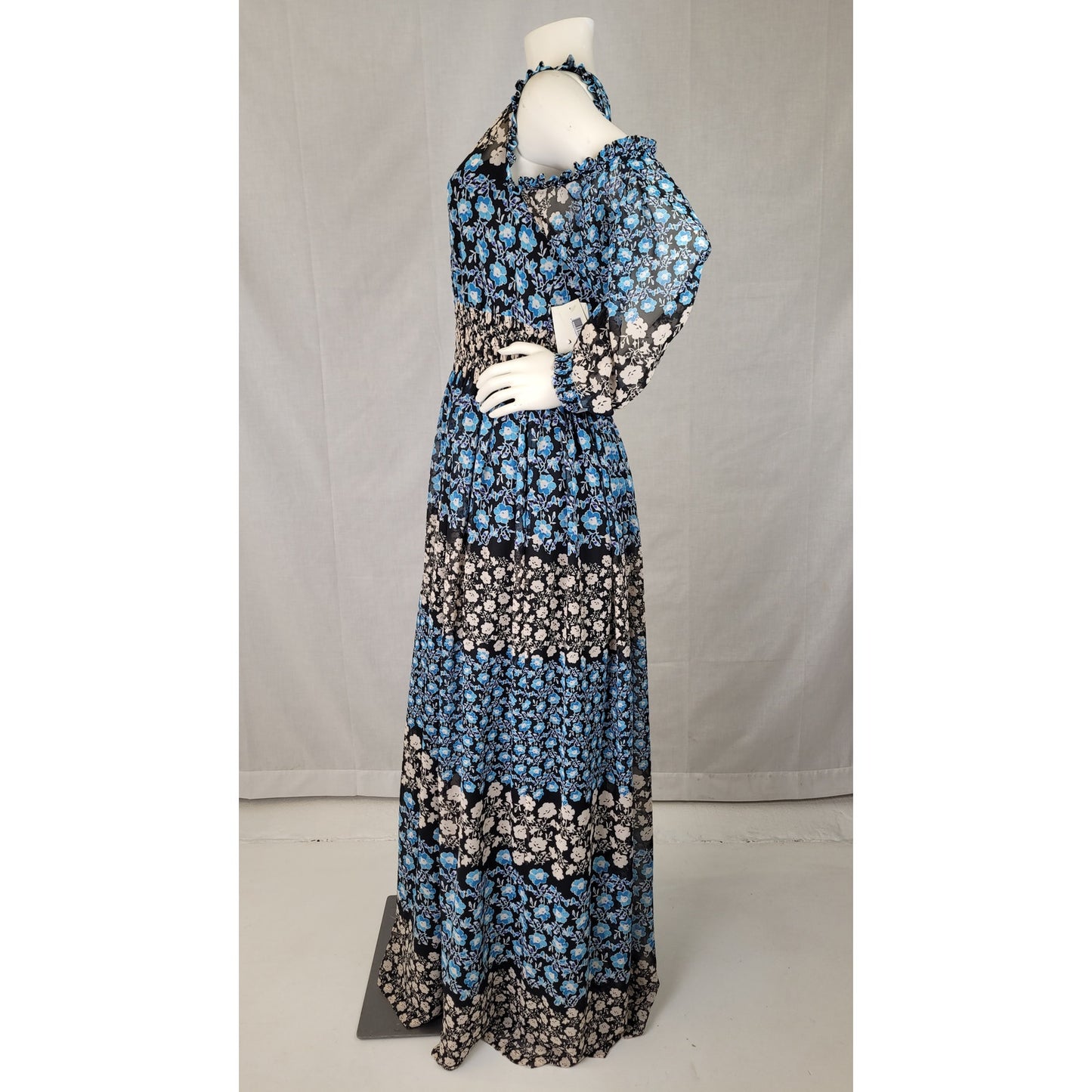 Eliza J Patterned Blue Beige Maxi Dress w Cold-Shoulder Detailing Women's Sz 14