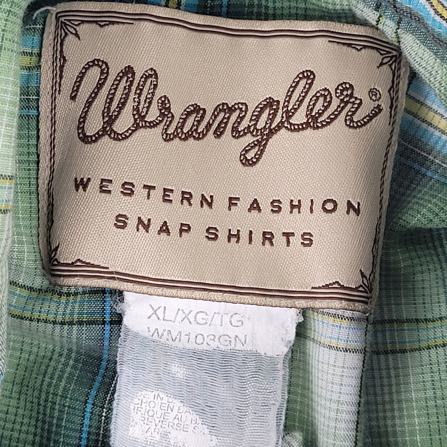 Vintage Wrangler Pearl Snap Green Metallic Plaid Shirt Men's Sz XL