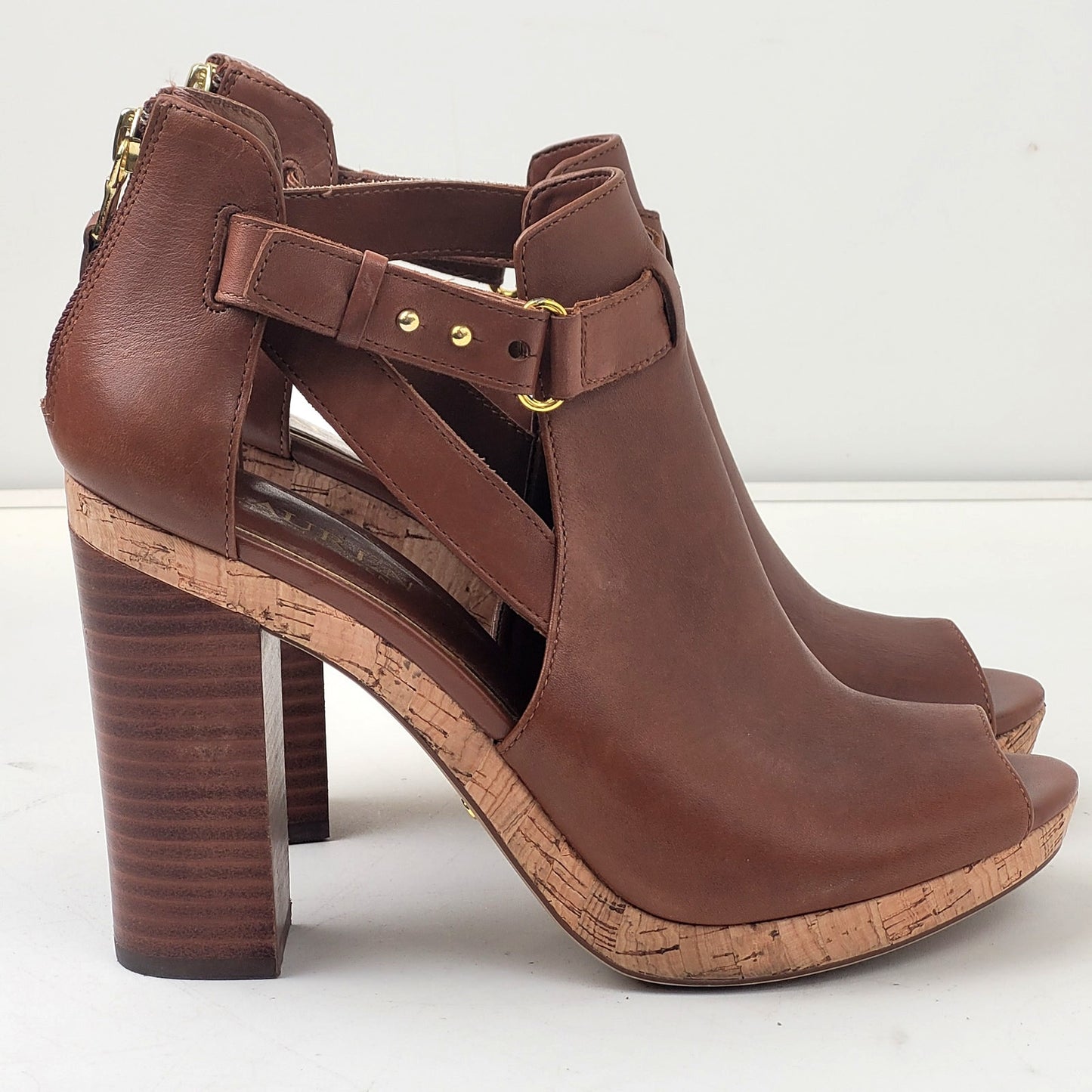 Ralph Lauren Fiana Polo Tan Cognac Leather Open Toe Booties Sz 9