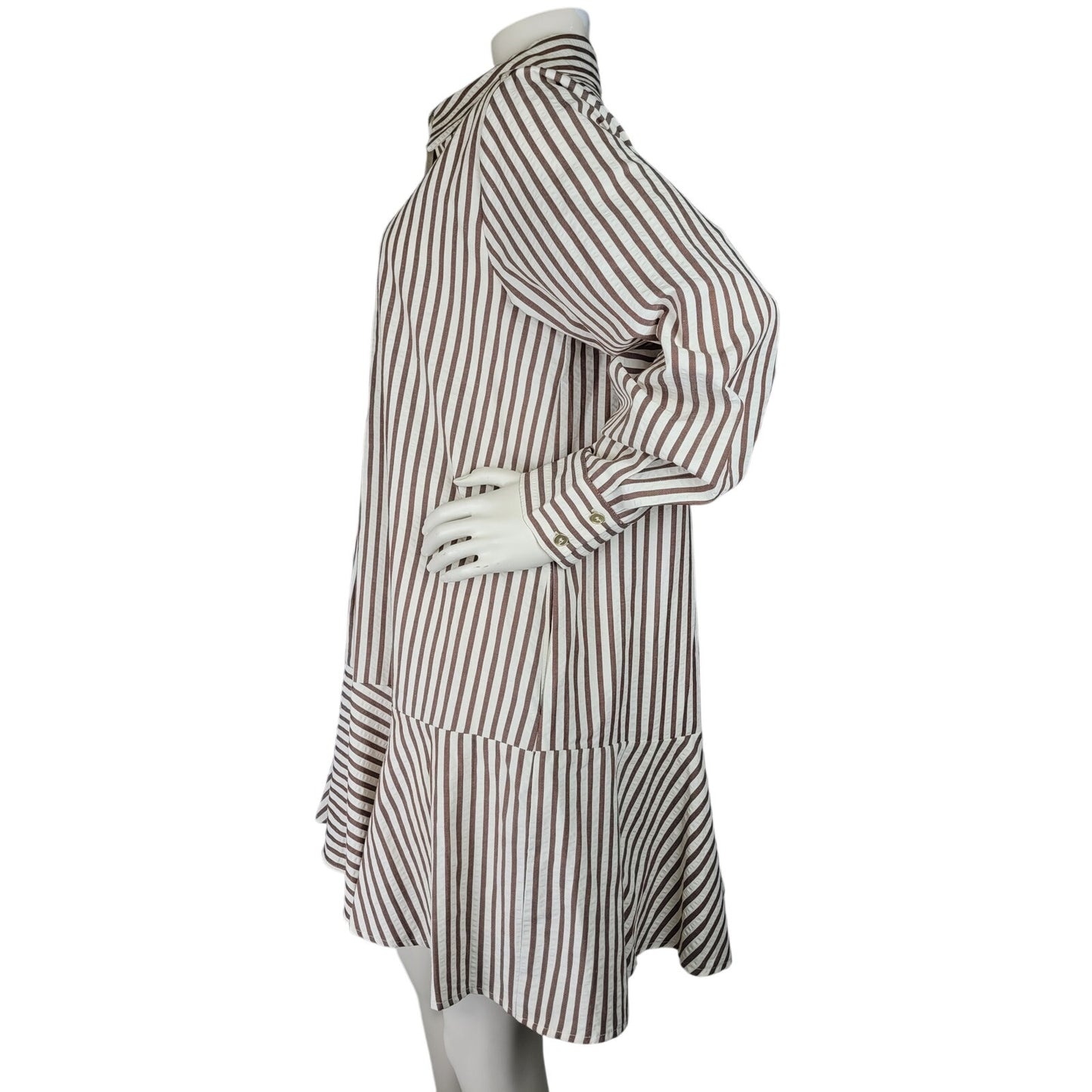 Entro Brown & White Striped Ruffled Hem Collared Shirt Dress Mini Sz M